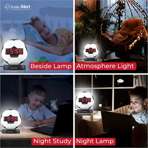 Miniatura 5 de Sonic Alert Reloj despertador con balón de fútbol con luz nocturna brillante, batería de reserva y atenuador de rango completo, reloj despertador