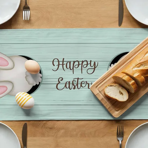 Miniatura 5 de Camino de Mesa de Algodón y Lino Happy Easter, Bufandas para Cómoda, Cola de Conejo, Huevo, Rústico, Granja, Madera, Antideslizante, Arpillera
