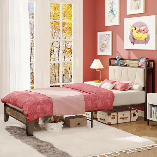 Miniatura 91 de LIKIMIO Base de cama Queen, cabecera de almacenamiento con estación de carga, sólida y estable, sin ruido, no necesita somier, fácil montaje Vintage
