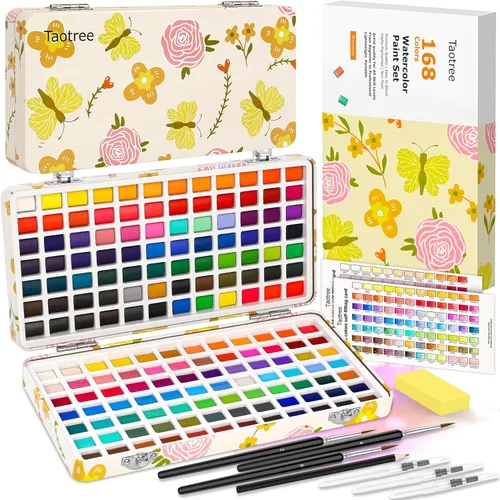 Taotree Juego de pintura de acuarela de 168 colores, suministros de arte, kit de acuarelas de viaje con 3 pinceles de pintura, suministros de 168