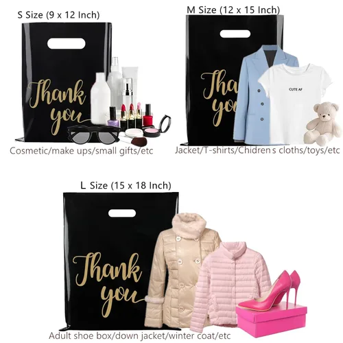 Miniatura 2 de Paquete de 100 Bolsas de Compras Negras de Agradecimiento para Pequeñas Empresas - 9"x12" Extra Gruesas 2.36 Mil Bolsas de Agradecimiento de Negro