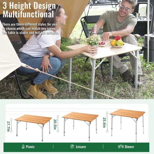 Miniatura 7 de KingCamp Mesa plegable de altura ajustable, 4 pliegues de bambú para acampar al aire libre, mesa de campamento portátil con bolsa de transporte