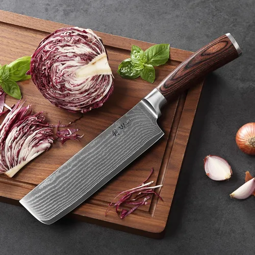 Miniatura 6 de Wakoli EDIB Cuchillo Damasco Nakiri – Cuchillo vegetal de 6.9 pulgadas con núcleo VG10, herramienta profesional de corte de cocina hecha de acero