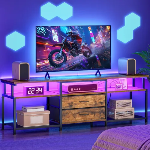 Miniatura 9 de HOOBRO - Soporte de TV con toma de corriente y luz LED, centro de entretenimiento para televisores de hasta 65 pulgadas, consola de medios moderna