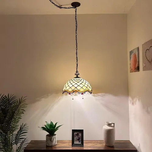 Miniatura 4 de Tiffany - Lámpara colgante con enchufe de cristal beige, bombillas LED incluidas para comedor, sala de estar, 16 pulgadas de ancho x 16 pulgadas