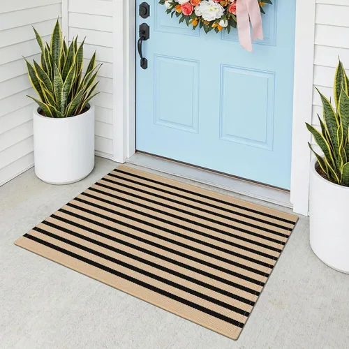 Miniatura 20 de KOZYFLY Alfombra a rayas blancas y negras de 2 x 3 pies, tejido de algodón, lavable, para interiores y exteriores, alfombra pequeña para puerta