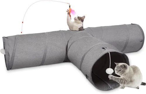 Miniatura 11 de Ownpets Túnel para gatos, túnel plegable de 3 vías, tubo para gatos de 47 pulgadas de largo con bola de felpa y juguete de plumas, túnel de juego