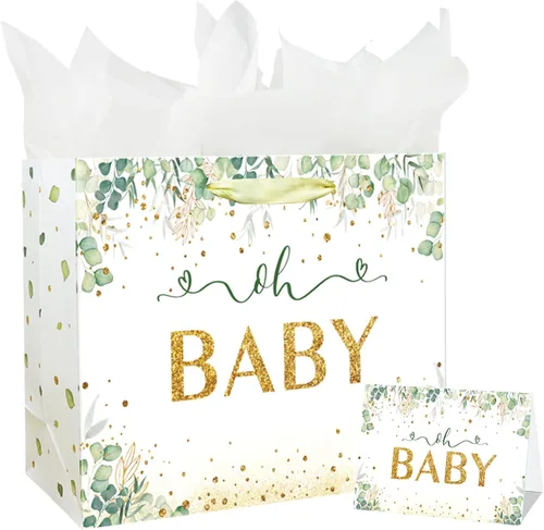 Bolsa de regalo grande de 13" para bebé niño o niña para baby shower o cumpleaños con asa, papel de seda y tarjeta de felicitación (13" Verde)