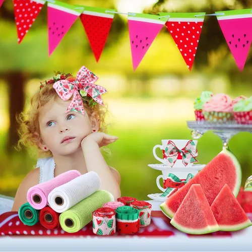 Miniatura 4 de Woanger 10 Rollos de Cinta con Borde de Alambre a Rayas de Sandía y Cinta de Malla para Envoltorio de Regalos DIY de Verano, Manualidades, Corona