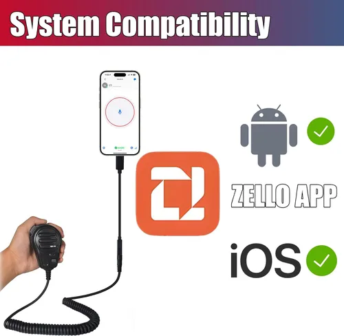 Miniatura 5 de PTT - Micrófono con cable para la aplicación ZELLO, compatible con iOS y Android con batería de 800 mAh, cable de carga, adaptador tipo C, soporte