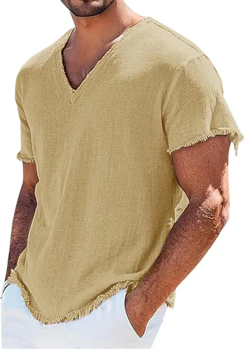 Miniatura 11 de Mens Cotton Linen Short Sleeve Shirts Retro Frayed Casual V-Neck Beach Hippie Tshirts Lightweight Summer Resort Tops
