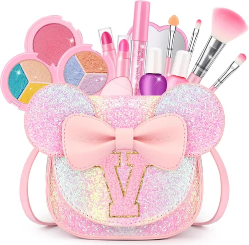 Miniatura 11 de Kit de maquillaje para niñas – Juego de maquillaje lavable real de 15 piezas – Cosmético no tóxico para niños pequeños con bolso de letras – Regalos