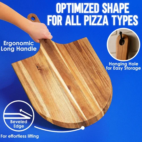 Miniatura 3 de KitchenStar Pela de pizza de madera de acacia de 16 pulgadas – Tabla de cortar y servir de madera extra grande con mango – Acabado de aceite natural