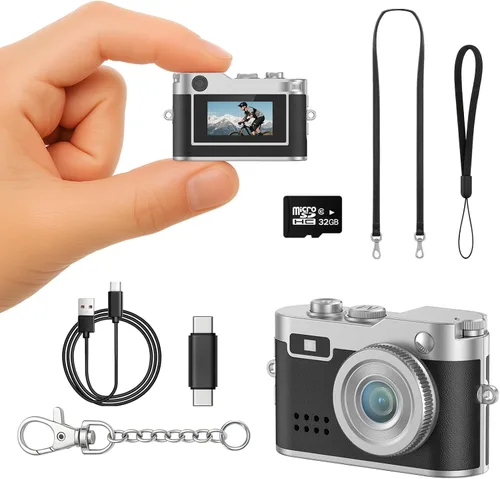 Miniatura 8 de Mini cámara retro con video de 1080P, fotos de 12 MP, cámara digital con llavero, cámara pequeña ultracompacta con tarjeta SD de 32 GB, adaptador