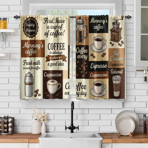 Jekeno Rustic Coffee Kitchen Curtains Vintage Cappuccino Short Cafe Tier Drapes, Blackout Privacy Rod Pocket for Cafe Kitchen Farmhouse Decor 2