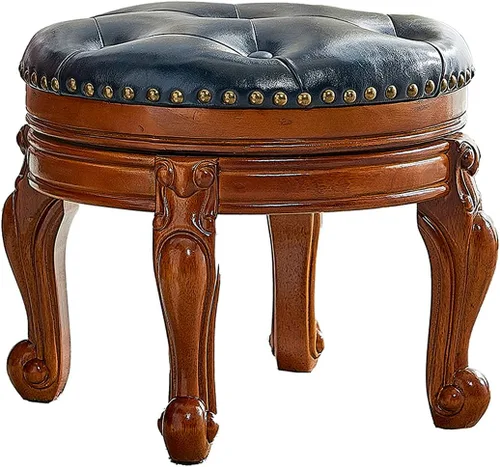 Miniatura 5 de Taburete de pie de madera maciza, reposapiés otomano redondo de mediados de siglo con cojín de cuero de microfibra para sala de estar, dormitorio