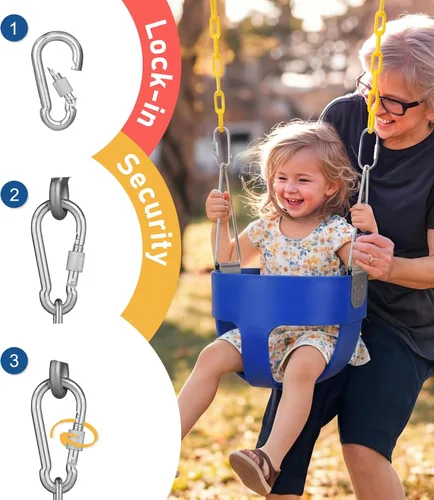 Miniatura 5 de Columpio de respaldo alto con cadenas recubiertas y protección triangular para mayor seguridad, columpio para bebé al aire libre con hebillas de Azul