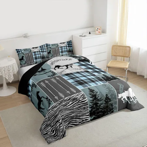 Miniatura 232 de Juego de edredón de oso y ciervo, tamaño individual, ropa de cama de animales salvajes de caza, colcha rústica de cabaña, casa de campo, cuadros