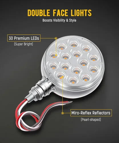 Miniatura 2 de Partsam 2 luces de pedestal redondas cromadas de doble cara de 3 pulgadas, color rojo/ámbar, 30 LED selladas, lente transparente, montaje