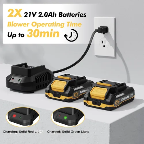 Miniatura 2 de Soplador de hojas inalámbrico con 2 baterías y cargador, soplador eléctrico de hojas de 21 V con 2 modos de velocidad, sopladores ligeros de 2.0Ah
