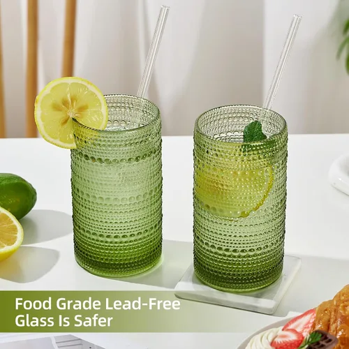 Miniatura 5 de Juego de 12 vasos para beber Hobnail de 16 onzas, vasos verdes en relieve vintage de gran capacidad, vasos altos para agua, cóctel, cerveza, whisky