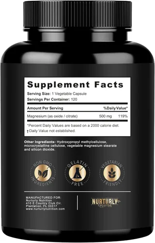 Miniatura 3 de Suplemento complejo de citrato y óxido de magnesio de 500 mg – Alta absorción máxima fuerza – Ayuda a apoyar la densidad ósea y fuerza, músculos