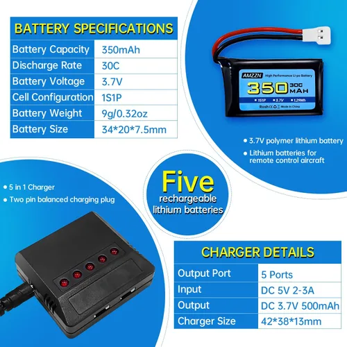 Miniatura 3 de 5 pilas Lipo de 3.7 V 350 mAh 1S con enchufe Molex y cargador para Syma X11C WLToys V911S RC Drone, XK A150 BF-109 FX651 FX621 Z60 Jet F-16 F-22