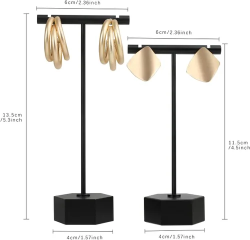 Miniatura 4 de GemeShou Soporte en T de metal negro, 2 piezas para exhibición de aretes, barra en T, soporte de joyería para fotografía minorista. Base hexagonal