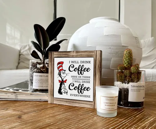 Miniatura 5 de Letrero de placa de madera con texto en inglés «I will Drink Coffee Everywhere», caja de madera decorativa de escritorio, placa rústica de madera