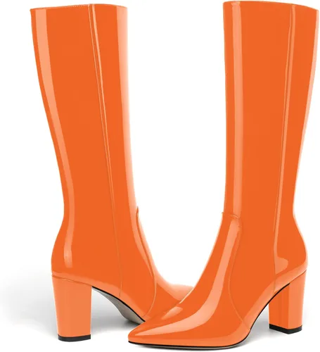 Miniatura 13 de AMBELIGHT Botas altas hasta la rodilla con cremallera y puntera puntiaguda para mujer, de patente sólida, tacón alto, 3.3 pulgadas