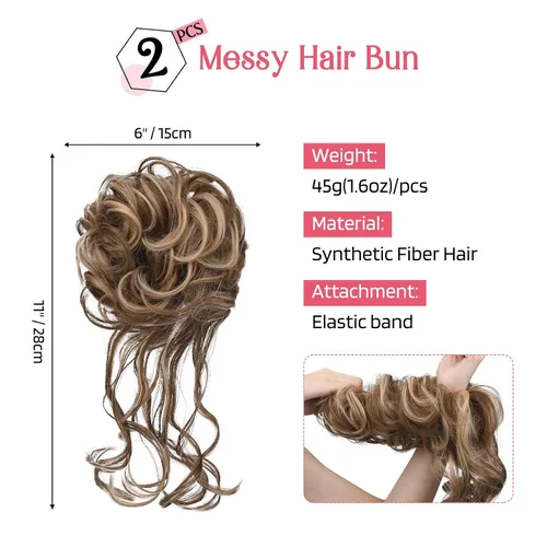 Miniatura 4 de HOOJIH 2 Pack Extensiones de Cabello con Rodete Desordenado, Extensiones de Cabello Ondulado y Rizado, Castaño Claro y Rubio Mezclado Mezcla