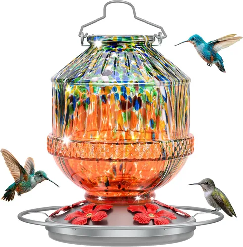 Comederos para colibríes de vidrio soplado para exteriores, comedero de néctar para pájaros silvestres de 25 onzas con percha y 5 puertos de