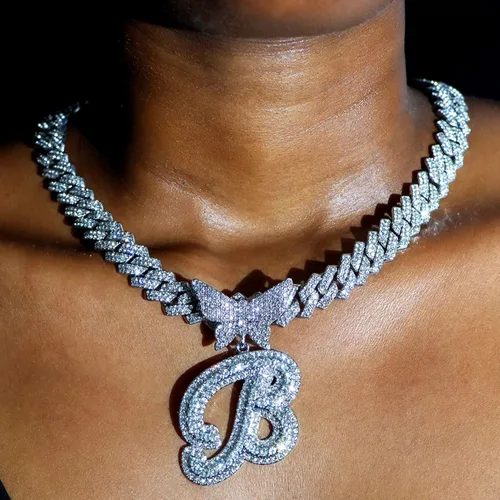 Miniatura 3 de Cadena de eslabones cubanos para mujer, con inicial de plata cursiva de 0.55 pulgadas, con punta de diamante, cadena cubana de hip hop, collar