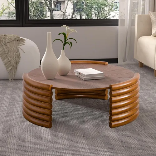 Miniatura 10 de Mesa de centro redonda acanalada para sala de estar, mesa de centro circular vintage moderna de mediados de siglo, mesas de té con acento acanalado