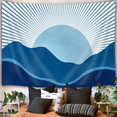 Miniatura 3 de JAWO Tapiz Bohemio Azul, Tapiz de Naturaleza con Montaña Abstracta y Sol Dorado para Colgar en la Pared para Dormitorio, Tapices de Paisaje