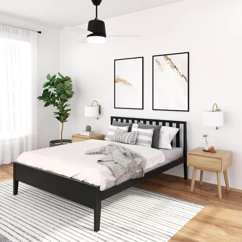 Miniatura 13 de Plank+Beam Base de cama individual moderna de madera maciza con cabecera de listones, plataforma escandinava con soporte de listones de madera, Negro