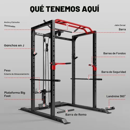 Miniatura 5 de Jaula de potencia JELENS, banco multifunción S11 con capacidad de 2000LBS, barra para sentadillas con sistema de poleas ajustable y más accesorios