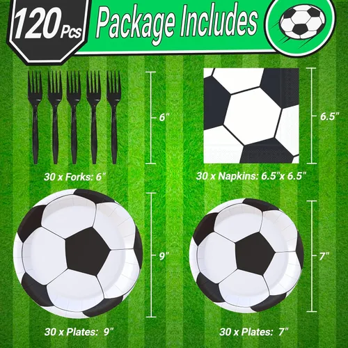 Miniatura 2 de Paquete de 120 piezas de suministros de fiesta de fútbol, platos de papel, servilletas, tenedores, decoración de cumpleaños para niños para 30