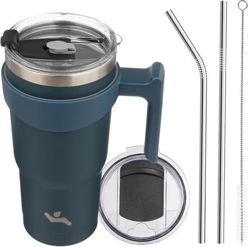 Miniatura 41 de Konokyo - Vaso de 10 onzas con asa y 2 popotes, 2 tapas, botella de agua aislada de acero inoxidable, taza de viaje reutilizable, color verde militar