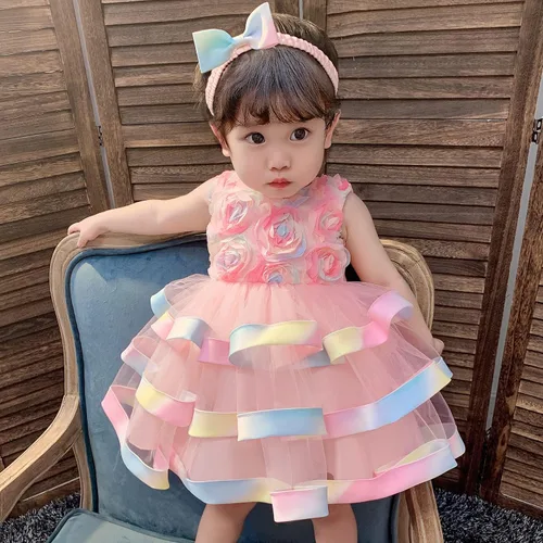 Miniatura 5 de 6M-6T - Vestido de tutú floral colorido para niñas pequeñas vestido de fiesta de noche boda Navidad baile con diadema