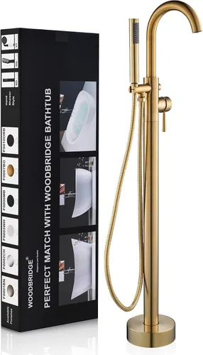 Miniatura 14 de WOODBRIDGE Grifo de llenado de bañera independiente contemporáneo de una sola manija con ducha de mano en acabado dorado cepillado, F0007BGRD