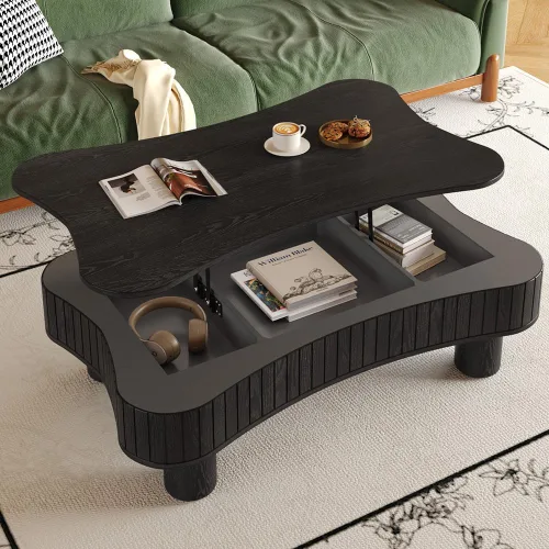 Miniatura 22 de Mesa de Centro Cuadrada de 35.43'' para Sala de Estar Mesa de Centro Acanalada Mesa Central Moderna con Pedestal para Apartamento Negro