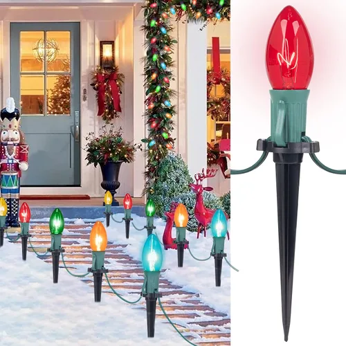 Miniatura 9 de Brightown Tira de luces LED estilo sendero de Navidad para exteriores; tira de 20 luces LED C9 de 25.7 pies con 20 estacas interconectables y a