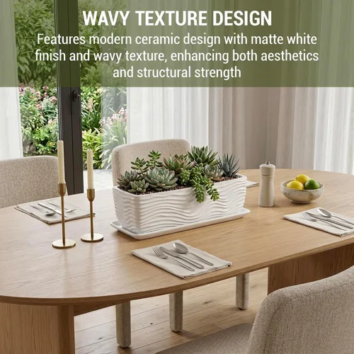 Miniatura 2 de MyGift Maceta de cerámica de 12.5 pulgadas, moderna maceta rectangular texturizada para suculentas con diseño de ondas y platillo extraíble (blanco)