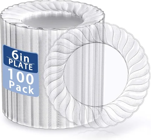 U-QE 100 platos de plástico transparente, platos de postre de plástico de 6 pulgadas, desechables, lavables y reutilizables, platos transparentes