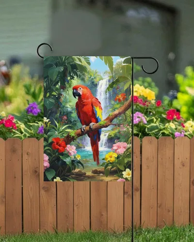 Miniatura 4 de Bandera de jardín con diseño de pájaros, loro y guacamayo, flores en verano, primavera, bosque tropical, jardín, patio, 12 x 18 pulgadas, banderas