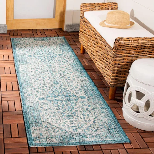 SAFAVIEH Alfombra lavable para exteriores, colección Courtyard de 2.3 x 6.7 pies, color verde azulado y crema, no desprende pelusa y es fácil de