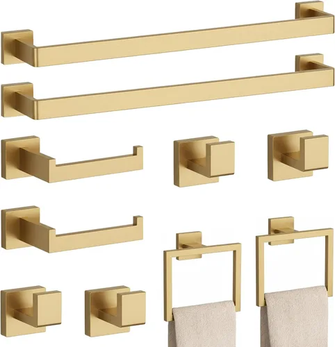 Juego de accesorios de baño de oro cepillado de 10 piezas – barra para toallas de 23.6", anillo para toallas, soporte para papel higiénico y