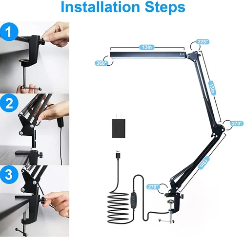 Miniatura 5 de Lámpara de escritorio LED para el hogar, oficina, lectura, luz de escritorio ajustable con abrazadera, lámpara de brazo oscilante incluye 3 modos