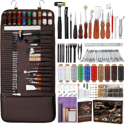 SHWAKK Herramientas de trabajo de cuero, kit de herramientas de cuero todo en uno, kit completo de LeatherCraft con bolsa de almacenamiento,